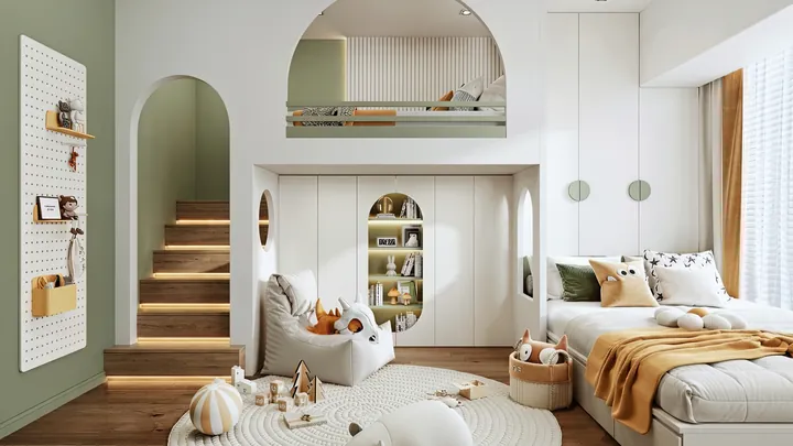 Quarto infantil renderizado, sem pessoas